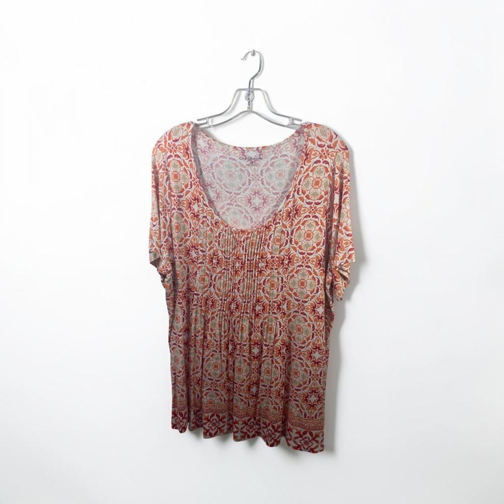 Croft & Barrow Womens 1X Orange Pink Medallion Pintuck Scoop Neck Top